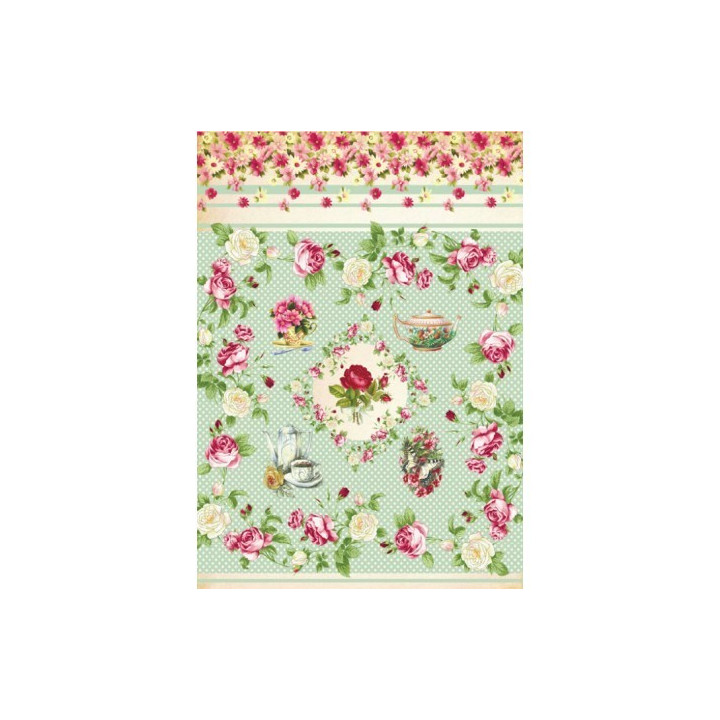 Papel De Arroz ROSAS FONDO VERDE PUNTOS
