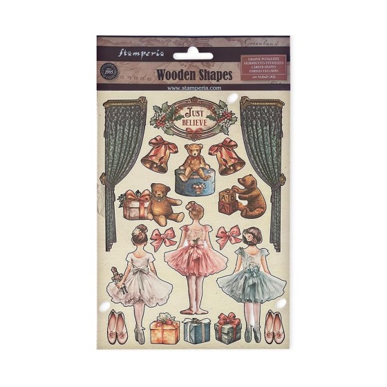 Apliques de madera Stamperia A5 The Nutcracker Ballet y Peluche-