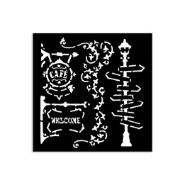 STENCIL Stamperia 12x12 cm ART OF TRAVELLING STEET LAMP AND SIGN.*