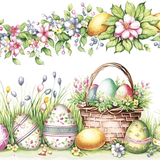 Servilletas 33x33 cm - Watercolour Scene with Basket Eggs & Flowers