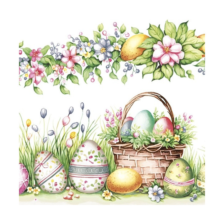 Servilletas 33x33 cm - Watercolour Scene with Basket Eggs & Flowers
