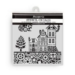Stencil Stamperia 18x18 Gear up for Christmas houses