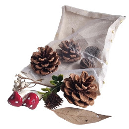 Bolsa decorativa natural con piñas, setas y hojas