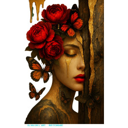 Transfer DTF Mujer Dorada con Flores Rojas