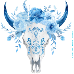 Transfer DTF Caveira de Vaca com Flores Azuis
