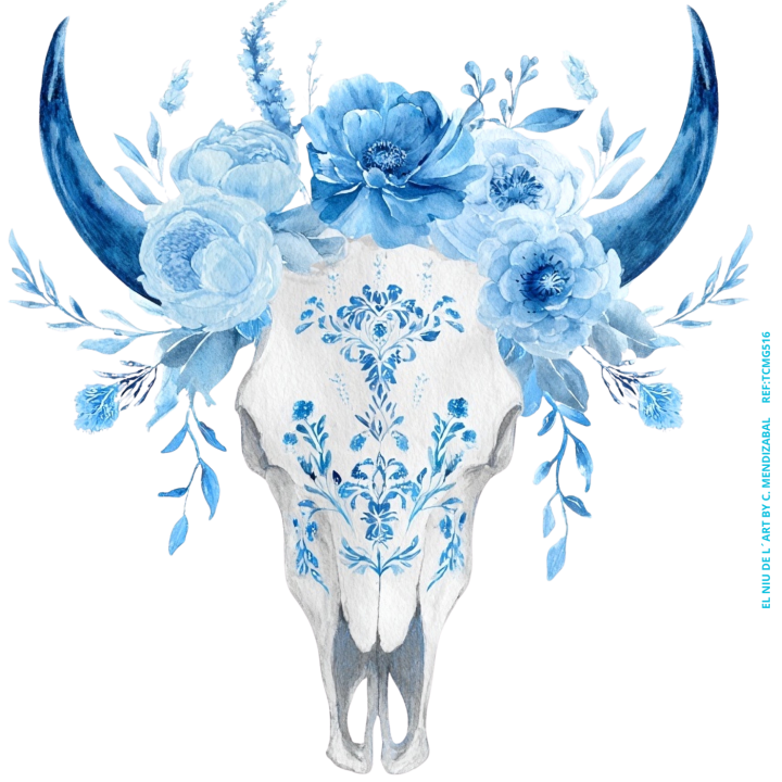 Transfer DTF Caveira de Vaca com Flores Azuis