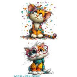 Transfer DTF Duo de Gatos com Óculos e Corações Coloridos