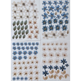 4 hojas  de flores de aluminio "Azul y Crema"