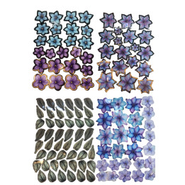 4 hojas de flores de papel de aluminio de color morado con estampado dorado.