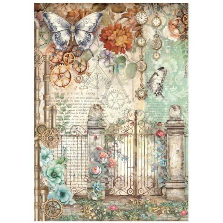 Papel de Arroz Stamperia Gardens of Time porton y mariposa