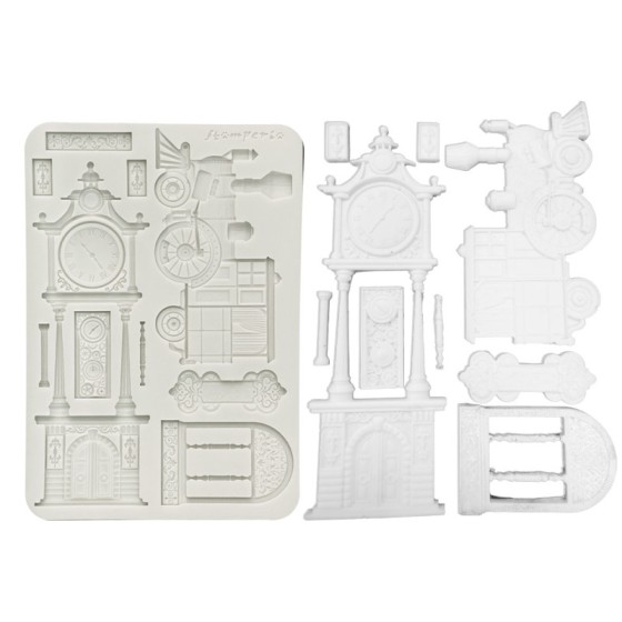 Stamperia Silicone mold A5 Gardens of Time tren y relojo de caja larga
