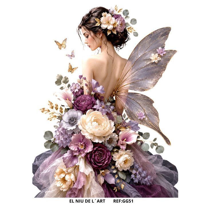 Transfer Mulher com Flores e Asa de Mariposa DTF