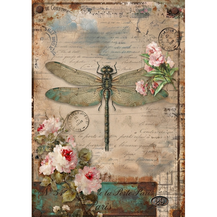Papel de Arroz  Vintage Libélula y Flores